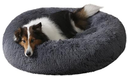 LINGXIYA Rundes Hundekissen, Plüsch Weich Warm Donut Haustierbett, Hundebett Flauschig, Rund Katzenkorb, Waschbar Katzenbett Hundekissen, Haustierbett mit Rutschfester Unterseite (130CM,Dunkelgrau)
