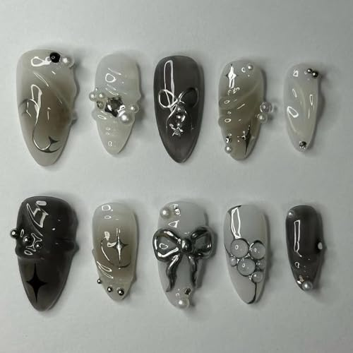 MouyouGlow Press on Nails Kurz,Almond Schwarz Airbrushing Stern 3D Bubble Ribbon Bow Tie Schleife Perle Fake Nails mit Nagelkleber,Cool Y2K Coquette Künstliche Fingernägel