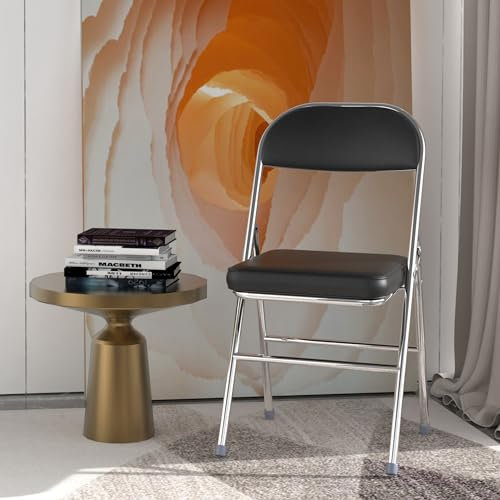 Sedie Pieghevoli Salvaspazio con Struttura in Metallo e Ecopelle Sedia Pieghevole da Interno Esterno Sedia Imbottita Portatili per Viaggio Cucina Soggiorno Camera da Letto Giardino 42x46x80 cm Nero,1