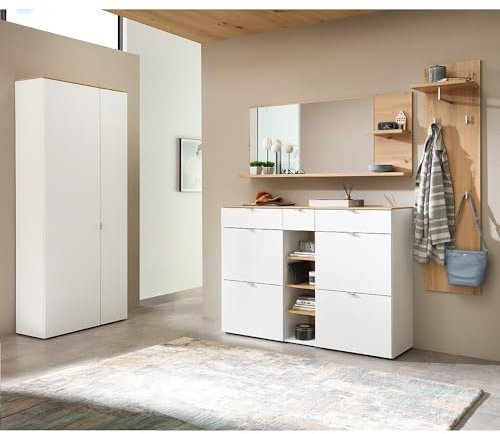 Lomadox Flurgarderobe modern Garderoben Set Flurschrank Kommode Spiegel Garderobenpaneel weiß matt Eiche