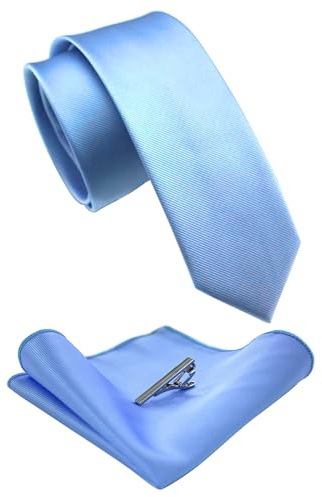 Jemygins Ensemble de cravate, mouchoir et pince pour homme - 6 cm, bleu clair, M