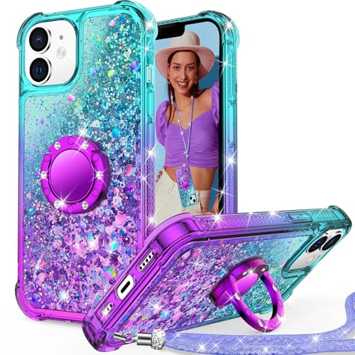 Unlicaku Glitter Case for iPhone 12/12 Pro, Ring Stand & Lanyard, Purple | Bling Sparkle Diamond Protective Phone Cover for Women Girls