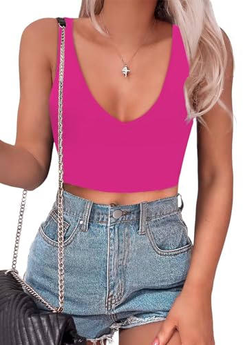 BEINF Canotta Donna Estiva Top Corto Sexy Collo V Profondo Senza Maniche Slim Fit Trendy Y2K Corsetto Ladies Tank Tops Canotte Basic Tops T Shirt Rosa XXL