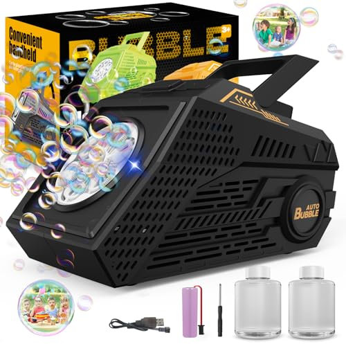 Bombble Automatische Seifenblasenmaschine, Bubble Machine 20000+ Blasen/Min mit Seifenblasenwasser/26 Löchers/2 Blasengeschwindigkeit/Licht, Geschenk für Kinder Hochzeit/Geburtstag/Bühne/Party