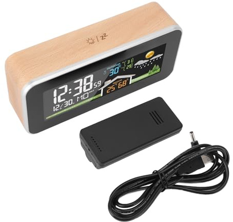 Wifehelper Horloge de Prévision Météo, Réveil Numérique à Coque en Grain de Bois avec Capteur de Température et d'humidité pour Intérieur et Extérieur avec Capteur à Distance RF