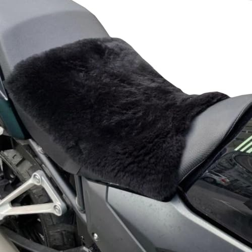 MotoCoverz Coussin de siège universel en laine de mouton pour moto - Courte et confortable - Sangles de sécurité faites à la main - Noir