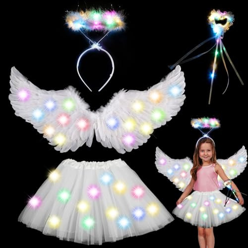 YOUYIKE Engel Kostüm Kinder Weiß FederflüGel EngelsflüGel, Engel Haarreif Zauberstab Led Tutu TüLlrock MäDchen für Halloween Karneval Cosplay Geburtstag Party FaschingskostüMe Kinder (Weiß)
