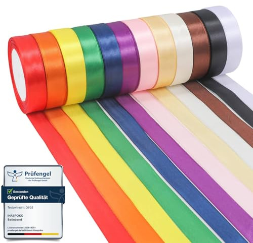 ihaspoko 12 Colori Nastro Raso, 20mm Nastro Regalo per Fai da Te Arte e Artigianato, Confezioni Regalo, Palloncini, Fiocchi, Decorazione di Cerimonia Nuziale (22m/rotolo)