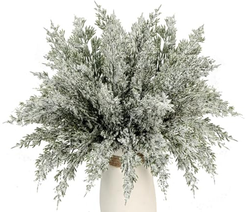 30 rami di pino artificiale innevato di Natale, 26,7 cm, rametti di pino norfolk sempreverde, foglie di cipresso, foglie finte per ghirlande natalizie, decorazioni fai da te (30, bianco neve)