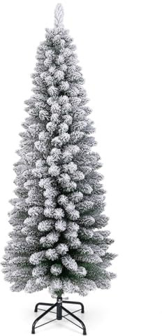 GYMAX Schmaler künstlicher Weihnachtsbaum 150 cm, Christbaum mit PVC-Zweigen & Metallständer, Tannenbaum mit weißem Kunstschnee bedeckt, für Innen & Außen