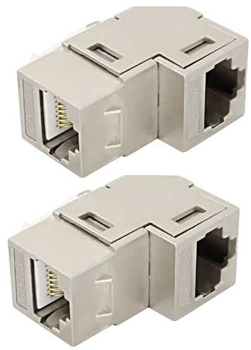 MEIRIYFA RJ45 Ethernet Coupler, 10Gbps 90 Degree Cat6A RJ45 Female to Female Adapter Ethernet Keystone Jack, LAN Network Extender Connector for Cat6A, Cat6, Cat5e, Cat5 (2 Pack, Silver)