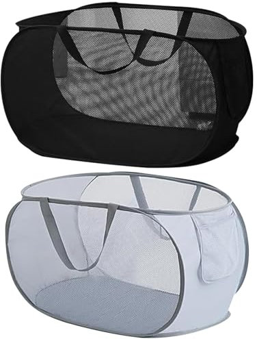 2 Stück Pop Up Wäschekorb, Faltbare Wäschetonne mit Griff, Atmungsaktiver Wabennetz-Aufbewahrungskorb für Kinderzimmer, Camping, Reisen und Waschküche (Schwarz und Grau, 36 * 36 * 58 cm)