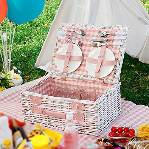 Picknickkorb aus natürlichem Weidengeflecht, Picknickkorb mit Besteckset, isoliertes Weidenbesteckset (rosa Gitter, 4 Personen)
