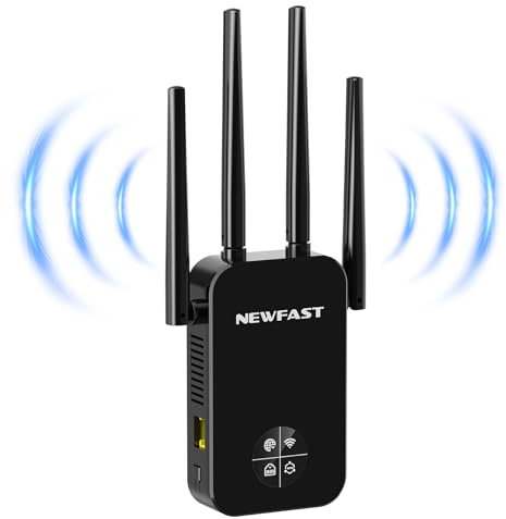NEWFAST Amplificador Señal WiFi, AC1200 Repetidor WiFi Doble Banda 5GHz y 2,4GHz, Extensor de Wi-Fi con WPS Botón, Puerto Ethernet, 4 Antena, Pantalla Inteligente, para Casa/Oficina