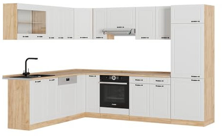 Vicco Eckküche R-Line, Weiß Landhaus/Goldkraft Eiche, 287 x 60 cm, AP Eiche, für Flexible Küchenplanung und individuelle Modulanordnung