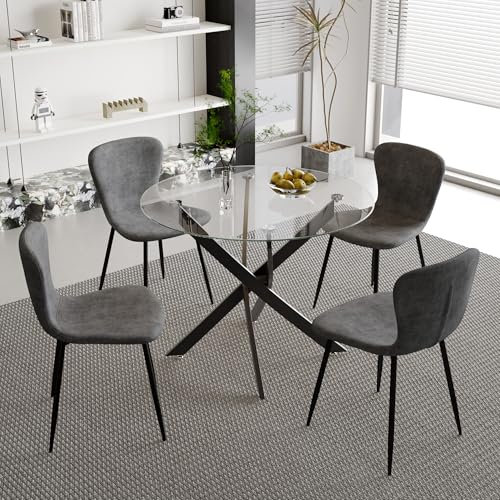 IMHKAM Ensemble Table à Manger en Verre Ronde 80 cm avec 4 Chaises en Velours, Style Moderne (Gris)