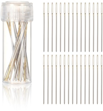 30 aghi per ricamo a punto croce dorati con grandi occhielli in acciaio inox, con scatola trasparente per punto croce (3,8 cm)