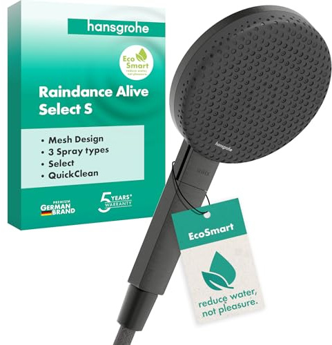 hansgrohe Raindance Alive Select S - wassersparender Duschkopf 7,1 l/min (EcoSmart), Handbrause mit 3 Strahlarten (inkl. PowderRain), Duschbrause, mit Antikalk-Funktion, Brushed Black Chrome, 24511340