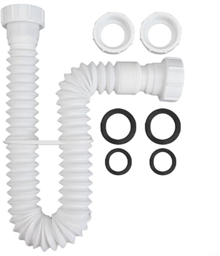 Zilimontt Sink Drain Pipe, Flexible Waste Pipe Connector Kit - 1 1/4 Inch general Plumbing Trap for Bath, Wash Basin, Kitchen Sink - Plastic Drain Pipe With Adapter