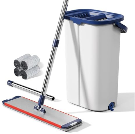 Fangxuee Juego de Trapeadores y Cubo con Escurridor para el Hogar, Trapeadores de Aluminio Resistentes para Limpiar Pisos, Limpiador de con 4 Estropajos de Microfibra.