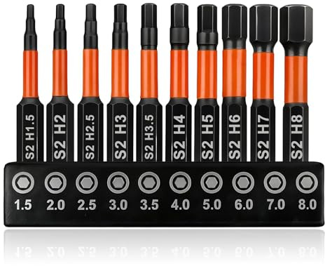 10 Pcs Hex Allen Key Drill Bit Set, S2 Steel Magnetic Screwdriver Bits 50mm Length Hex Bits with 1.5mm-8mm Compatible with Electric Screwdrivers Power Drills for Furniture Assembly DIY and Repair