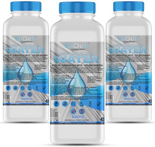GiDeli Destilliertes Wasser 3 x 1 L - Vollentsalzt - Für Haushalt | drei Einheiten für Bügeleisen, Luftbefeuchter und Aquarium, kalkfrei, portionsweise zu öffnen und zu dosieren