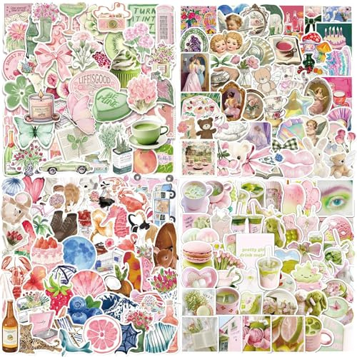 201 Stück Sticker Aesthetic Bunte, Wasserfeste Aufkleber, Rosa-grün Zarte und verträumte Aufklebers für Laptop Journal Scrapbook Wasserflaschen Kindle Skateboard Fahrrad Auto Koffer Helm Motorrad