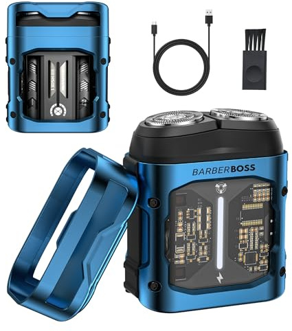 BarberBoss Men’s Pocket Rotary Shaver, Compact Electric Razor, Stainless-Steel Flex Head, USB-Rechargeable, Men's Portable Mini Rotary Electric Shaver, QR-2721