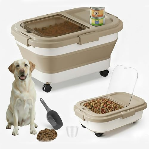 CAAGGMM Conteneur à Croquettes pour Chien Chat, Environ 6 à 8 kg Boîte de Stockage Pliable avec Cuillère et Tasse à Mesurer, Chien Seau de Stockage pour Friandises Animaux avec Roues, Kaki