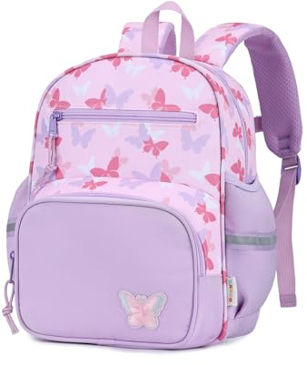 Kasgo Toddler Backpack for Girls, Small Rucksack Ages 2-4, Purple Butterfly | 0.36 kg lightweight, water-resistant, machine washable, reflective strips, chest strap, padded straps, 6‑section, nursery