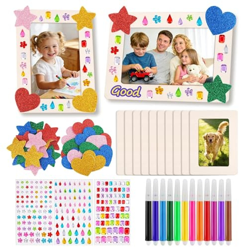 10 Pièces Cadres Photo en Bois pour Enfant, 19x14cm Bricolage Cadres Photos avec Pierres Scintillantes Autocollantes, Kits de Cadres Photo Vierge en Bois, pour Cadres Photo DIY, Projets de Peinture
