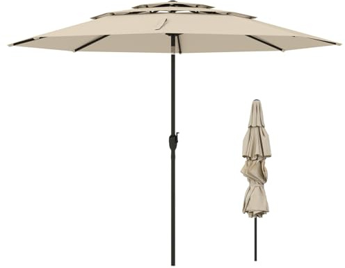 TANGZON 3M Garden Parasol with 3-Tier Vented Canopy, Polyester Fabric, Tilt & Crank System, 8 Ribs, UV Protection, Windproof Patio Umbrella for Garden, Decking, Poolside, Beige