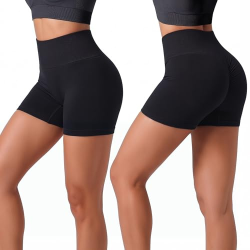 Kideerly 2 Pack Gym Shorts for Womens, Black High Waisted Booty Shorts Hot Pants for Cycling Running Yoga Legging Biker Bike Cycle Ladies Scrunch Bums Butt Lifting Gym