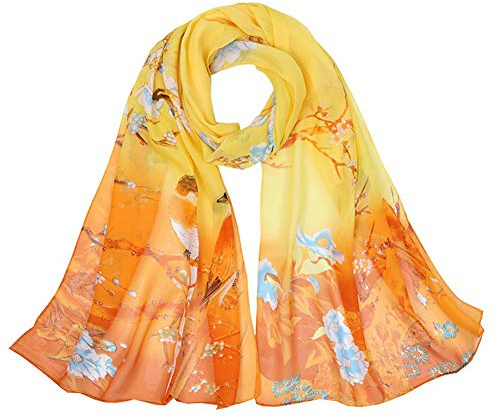 Dancila Damen Seidenschals Frauen Blumen Printed Soft Silk Chiffon Schal Wrap Schals Halstuch 155 * 50cm Tücher Schlauchschal (Gelb/Orange Gemischt)