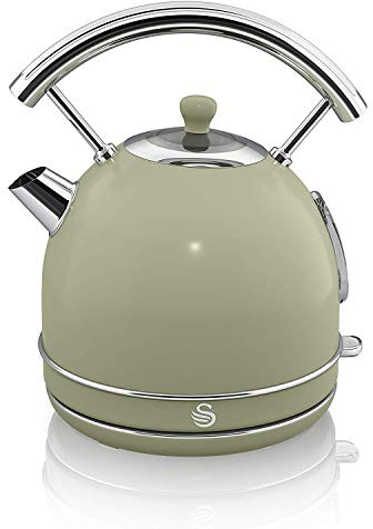 Swan Retro SK14630GN Hervidor de Agua 1,8L, Tetera Eléctrica, Resistencia Oculta Acero Inoxidable, Inalámbrico, sin Cable, Diseño Vintage, Apagado Automático, Verde, 3000W