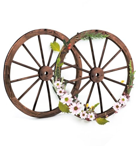 GOPLUS 2er Set Wagenrad aus Holz, Ø 76 cm Holzrad mit Eisenblech, Dekorad für Gartenbar, Terrasse & Veranda