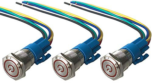 QitinDasen 3Pcs Premium 12V / 24V 5A Interruptor de Botón Autoblocante, 16mm Interruptor de Botón Metálico, LED Rojo Interruptor Pulsador Impermeable IP67 con Enchufe de Cable
