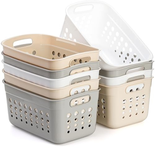 DEAYOU Aufbewahrungskorb aus Kunststoff, klein, für Speisekammer, rechteckig, mit Griff für Regal, Haushalt, Schreibtisch, 9 Stück (Beige, Weiß, Grau)