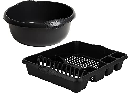 JMS we create smile Set of Black Washing Up Bowl With Large Plastic Dish Drainer Plate Cutlery Rack Kitchen Sink Holder Stand Organiser Basin Sink Tidy