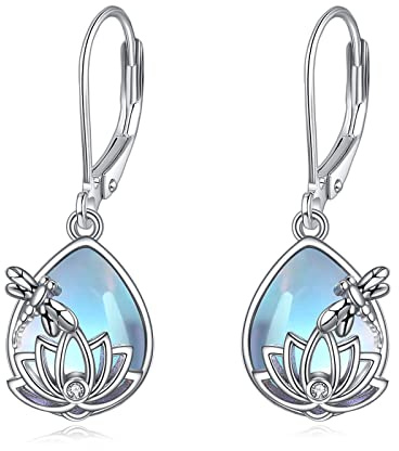 Lotusblume Ohrringe Silber 925 Mondstein Ohrhänger Libelle Schmuck Lotusblume Geschenke Damen