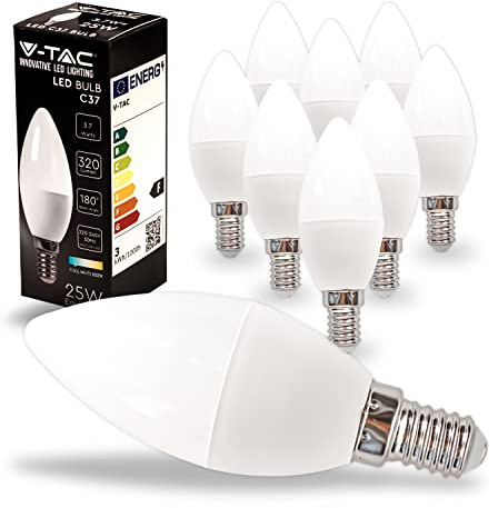 V-TAC 10x Lampadine LED Candela con Attacco E14 3,7W (Equivalenti a 25W) - Lampadine di Nuova Generazione - 320 Lumen - Massima Efficienza e Risparmio Energetico - 6500K Luce Bianca Fredda, VT-2076