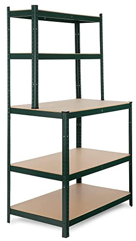 Stagecaptain WBR-175 SR Scaffale da Banco Lavoro con Portapesi - 5 Ripiani, 2 Profondità - Superficie Extra Robusta a 97 cm - Ideale per Officina, Cantina, Dispensa - Verde