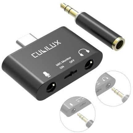 Cubilux USB C auf 3,5 mm TRS Mikrofon Adapter mit Echtzeit Monitoring | Audio Adapter mit 3,5 mm TRS Mikrofoneingang und Kopfhörer Monitoring,für iPhone 17/16/15, iPad Pro 13, Galaxy S25, Pixel 10