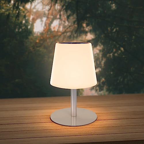 uuffoo Outdoor Solar Tischlampe Solarlampen für außen, IP44 Wasserdicht | 8-12h Akku | Kühlweiß & Warmweiß 2 in 1 Aufladung Kabellos für Garten Balkon Camping (Silbrig)