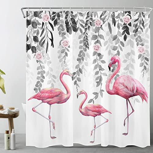 LB Rosa Flamingo Duschvorhang 180x180cm Graues Blatt Rosenblüte Antischimmel Wasserdicht Badezimmer Vorhänge, Naturpflanze Tropischer Vogel Polyester Stoff Bad Vorhang mit Haken