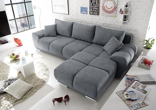 ANTON Ecksofa mit Schlaffunktion, Stoffbezug Uran Anthrazit - Moderne Eckcouch in L-Form mit Bettkasten & dekorativer Steppung - 289 x 85 x 189 cm (B/H/T)