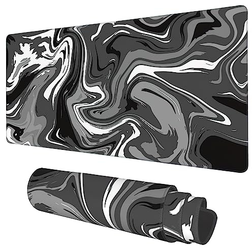 KOAIWPAE Tapis de Souris de Jeu avec Base antidérapante et Bords Cousus, Motif Vagues liquides, Noir, Blanc, 89,9 x 40 cm, pour la Maison, Le Bureau, Le Travail