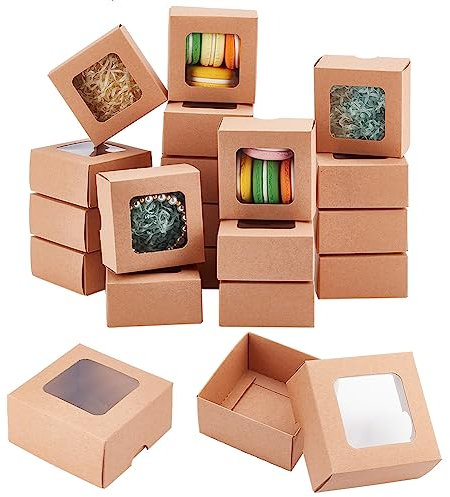 BENECREAT 20 Stück e Kraftpapierbox Mit Transparentem Fenster, 8x8x4cm Quadratische Geschenkbox Aus Kraftpapier Für Hochzeitsgeschenke, Schmuckverpackung