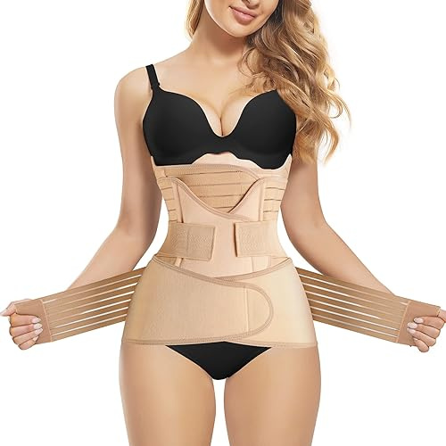 Gotoly Cinturón de recuperación posparto 3 en 1, faja de recuperación de cintura y pelvis, banda de apoyo para después del embarazo, control de abdomen, faja moldeadora de cuerpo (beige, S)