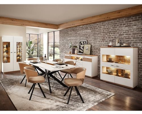 Lomadox Esszimmer Set weiß mit Eiche 4-teilig modern, 1 Esstisch, 1 Sideboard, 1 Vitrine, 1 Highboard, inkl. Beleuchtung
